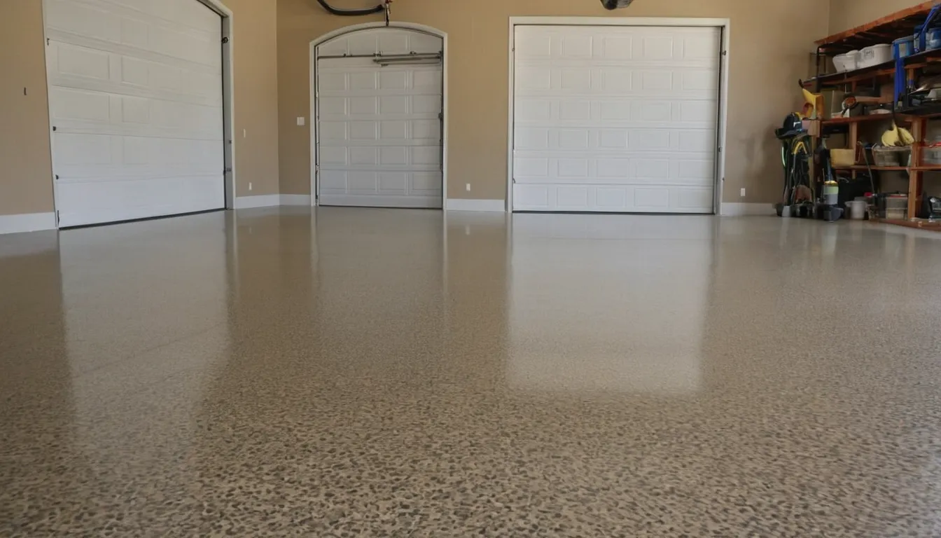 Freshly coated flake epoxy garage floor in a stucco home near Antioch